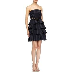 REBECCA TAYLOR Strapless Leather Trim Dress Womens 4 Navy Blue Black Ruffle Bow